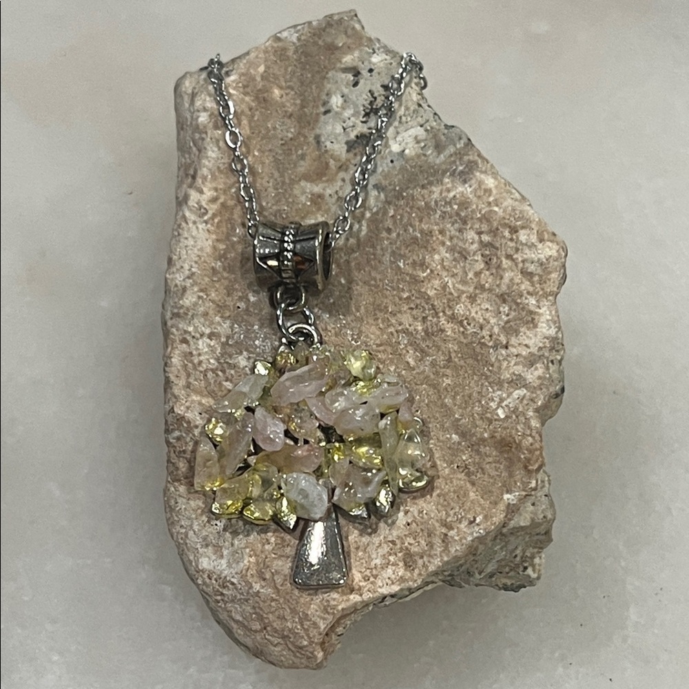 Citrine and Rose Quartz Silver Tree Pendant Necklace